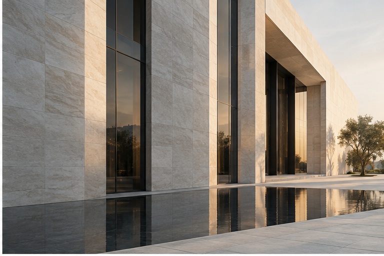 Light across a geometric stone facade