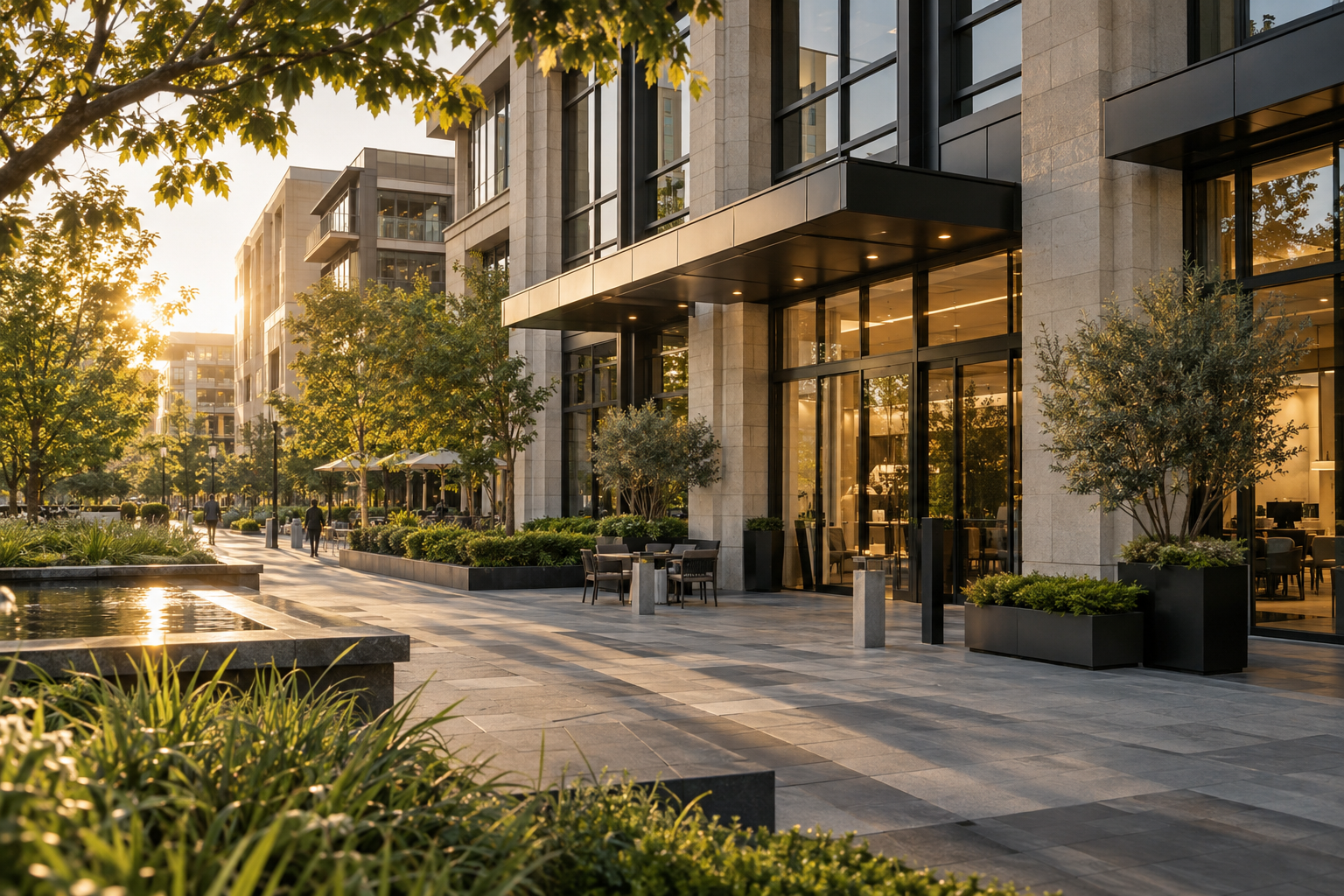 An established commercial property defined by durable materials and public space