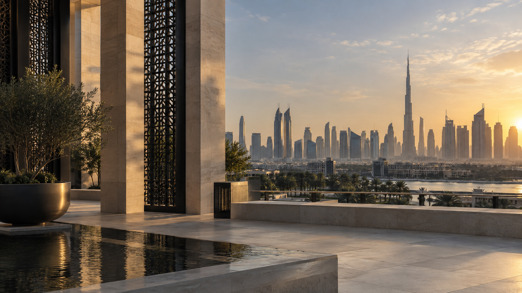 Dubai skyline and Burj Khalifa in warm evening light