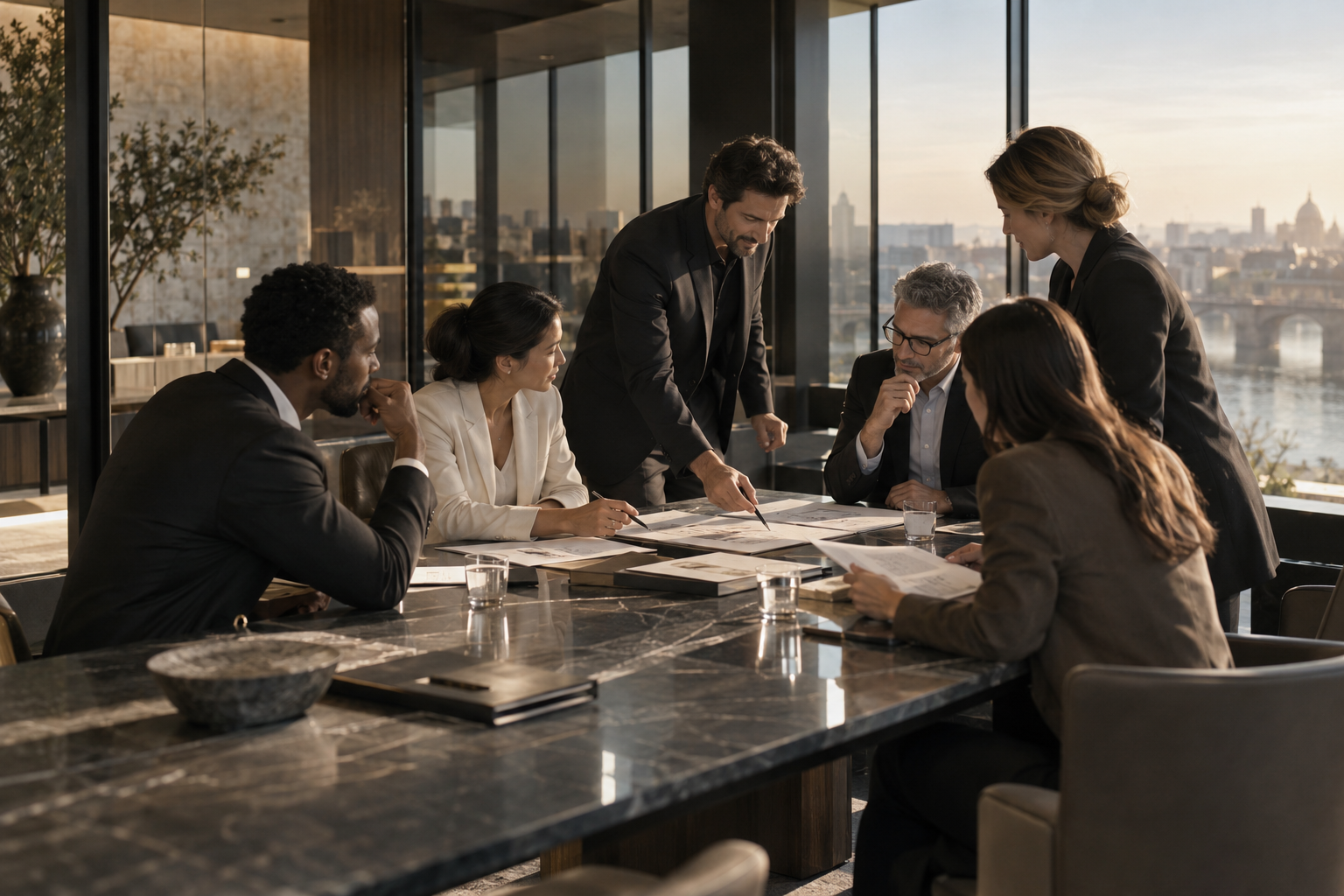 Professionals reviewing shared plans around a boardroom table