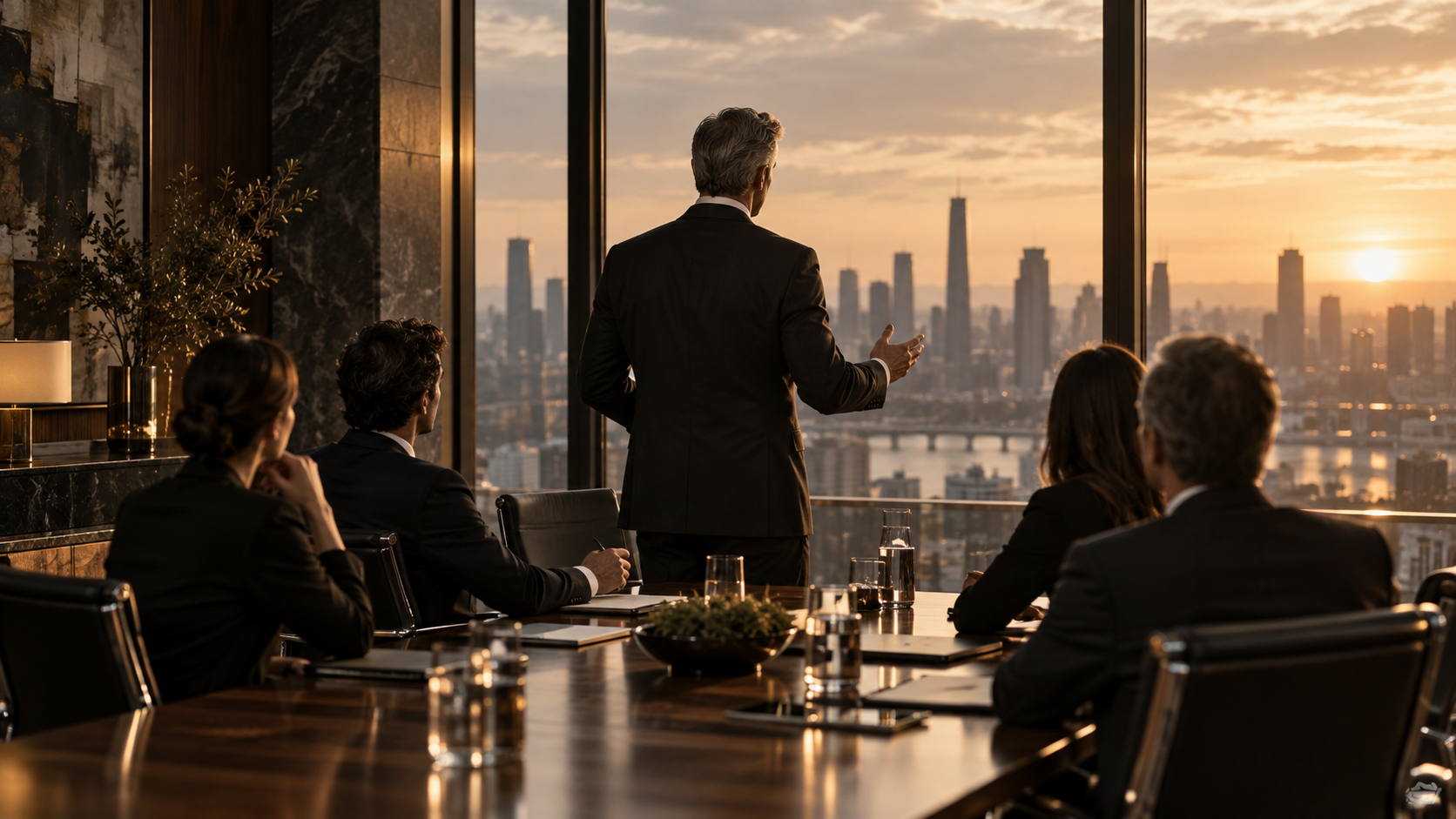 A senior leader guiding a focused boardroom discussion