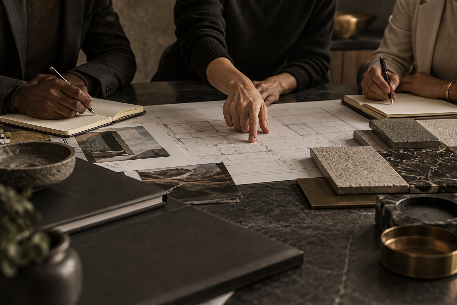 Hands carefully reviewing plans and material choices