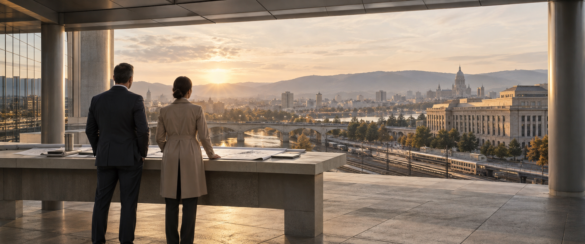 Two professionals evaluating a city and its infrastructure