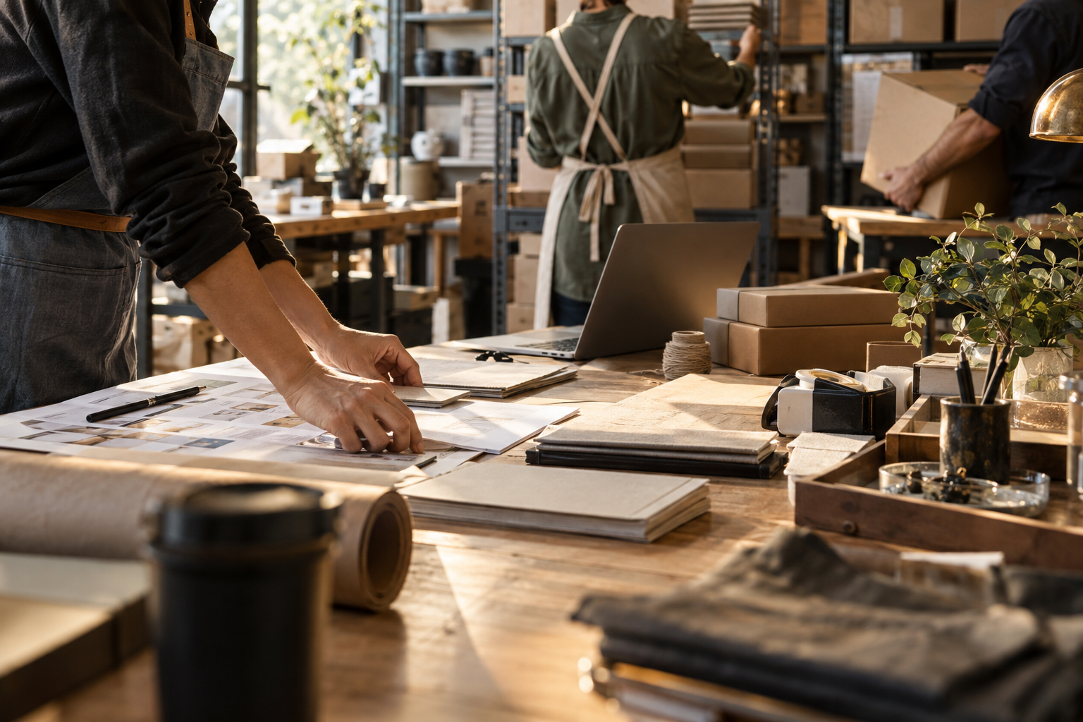 A small-business team working through plans and inventory